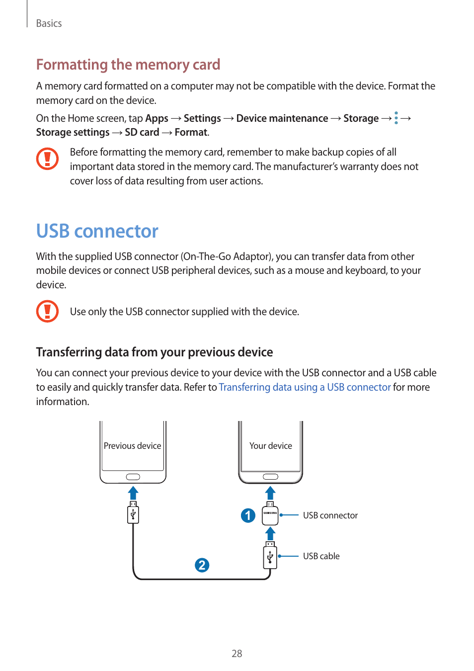 Usb connector, 28 usb connector, Transferring data from your previous device | Samsung SM-G930F User Manual | Page 28 / 191