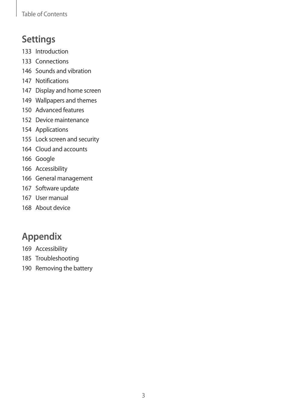 Settings, Appendix | Samsung SM-G930F User Manual | Page 3 / 191