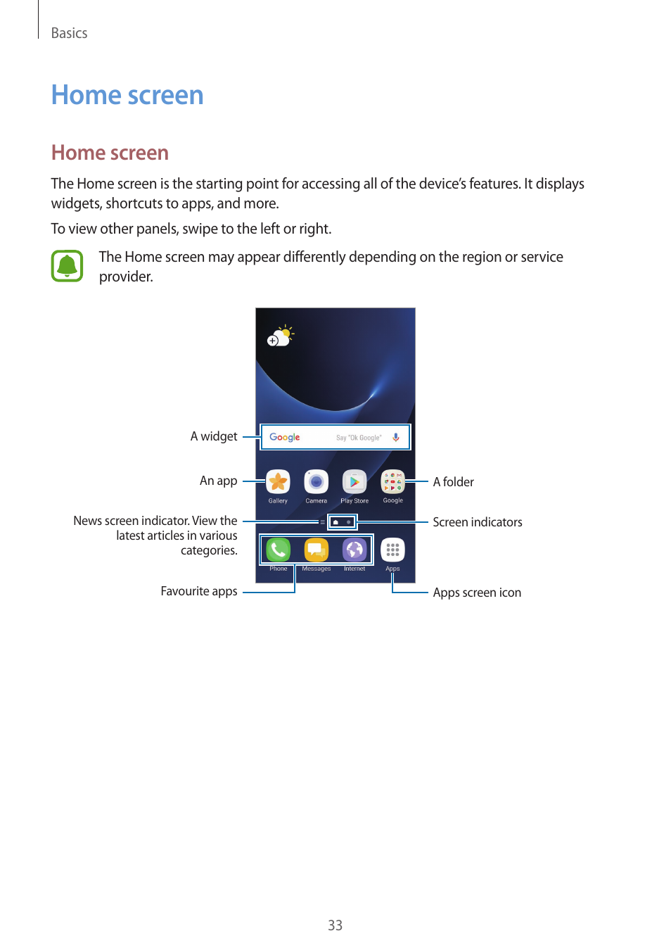 Home screen, 33 home screen | Samsung SM-G930F User Manual | Page 33 / 191