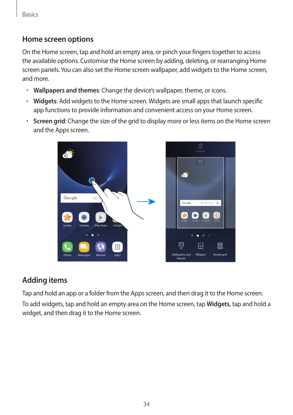 Home screen options, Adding items | Samsung SM-G930F User Manual | Page 34 / 191