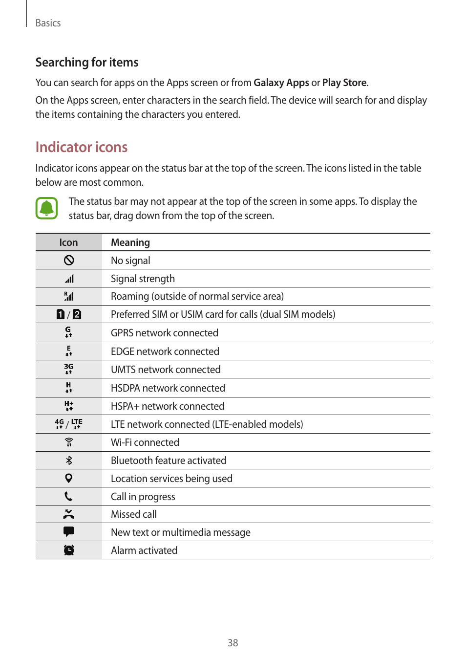 Indicator icons, Searching for items | Samsung SM-G930F User Manual | Page 38 / 191