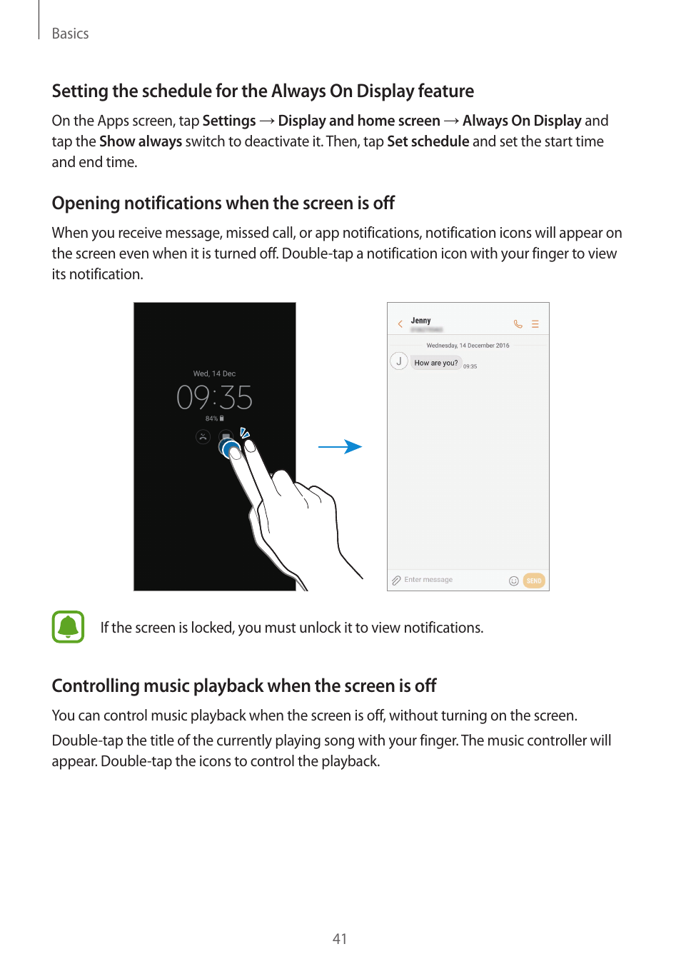 Opening notifications when the screen is off, Controlling music playback when the screen is off | Samsung SM-G930F User Manual | Page 41 / 191