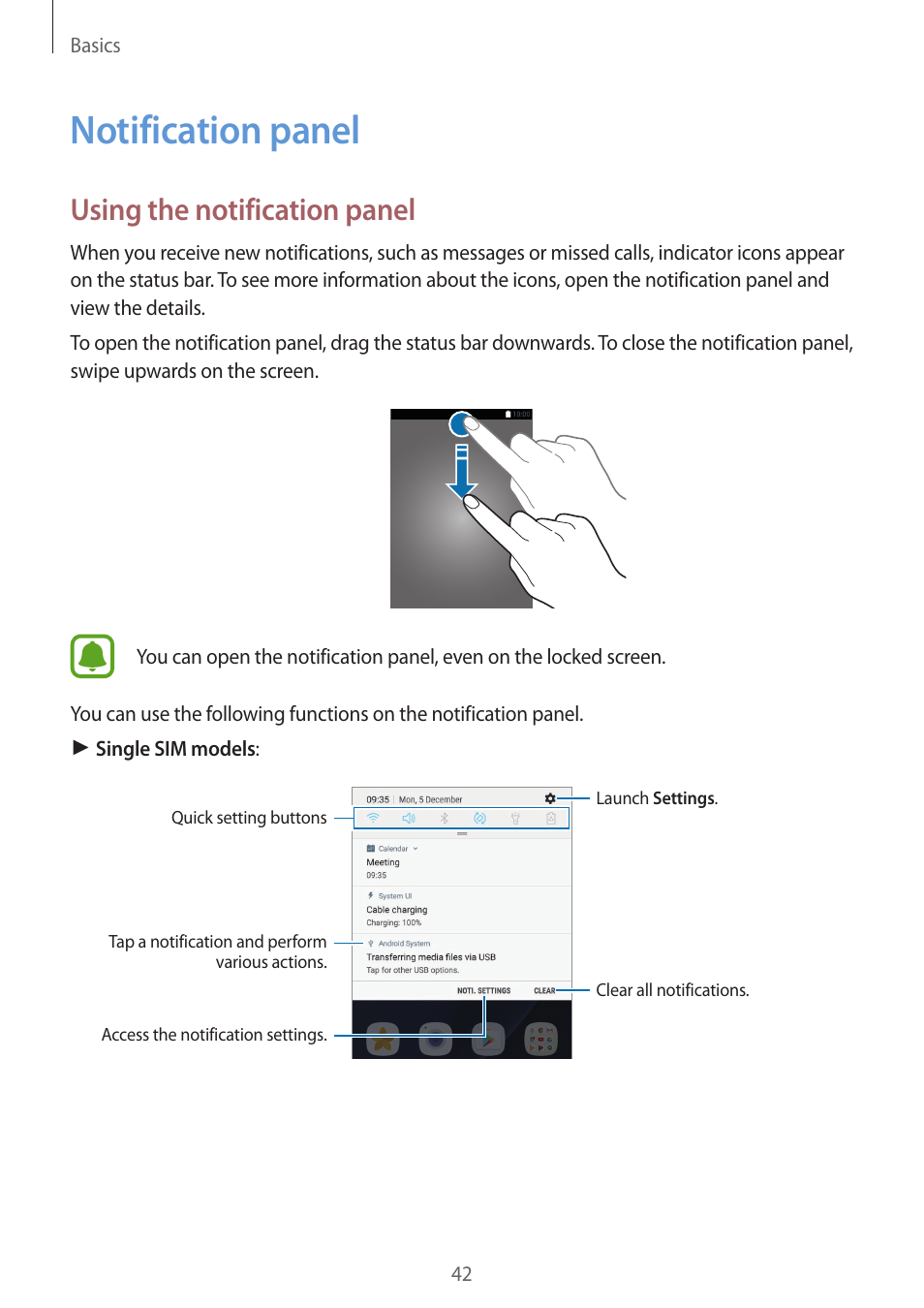 Notification panel, 42 notification panel, Using the notification panel | Samsung SM-G930F User Manual | Page 42 / 191