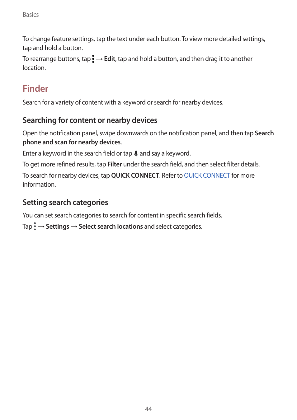 Finder, Searching for content or nearby devices, Setting search categories | Samsung SM-G930F User Manual | Page 44 / 191