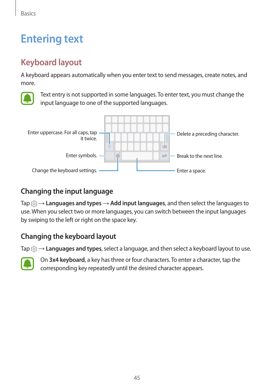 Entering text, 45 entering text, Keyboard layout | Changing the input language, Changing the keyboard layout | Samsung SM-G930F User Manual | Page 45 / 191