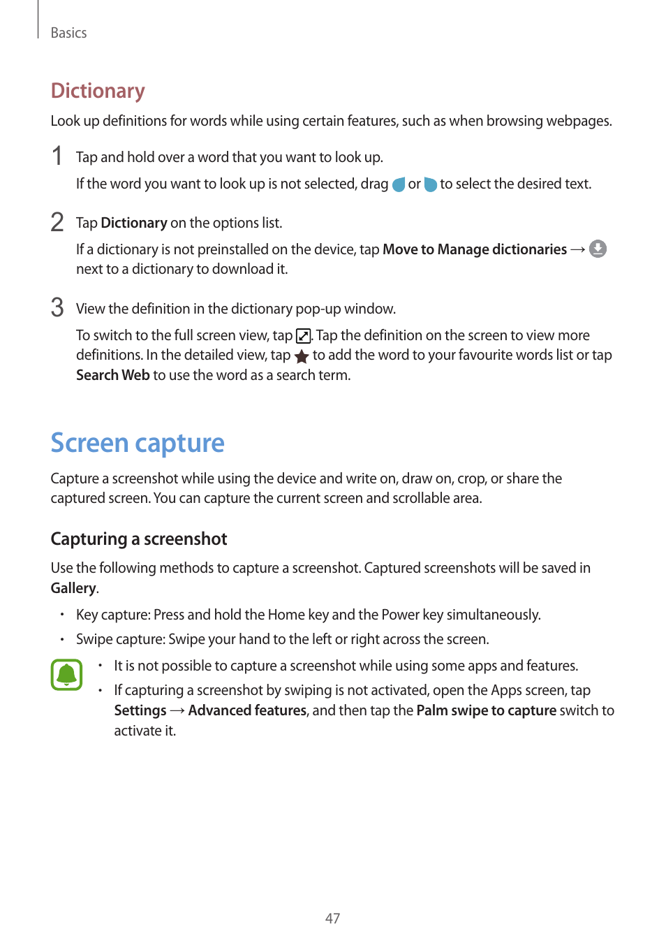 Screen capture, 47 screen capture, Dictionary | Samsung SM-G930F User Manual | Page 47 / 191