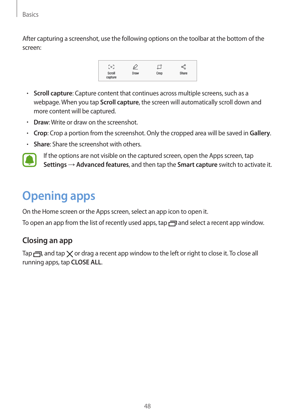 Opening apps, 48 opening apps | Samsung SM-G930F User Manual | Page 48 / 191