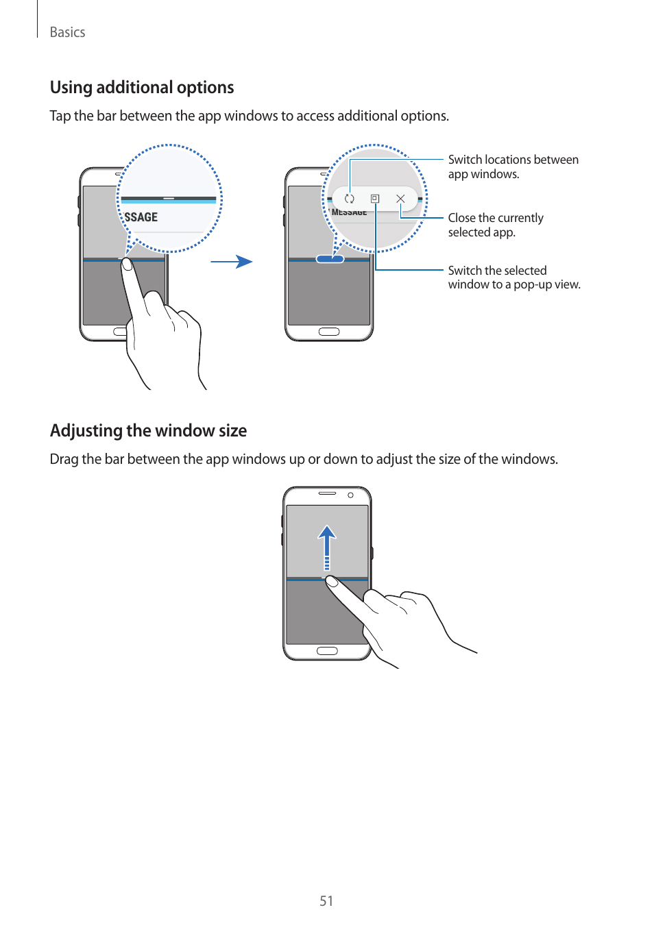 Using additional options, Adjusting the window size | Samsung SM-G930F User Manual | Page 51 / 191