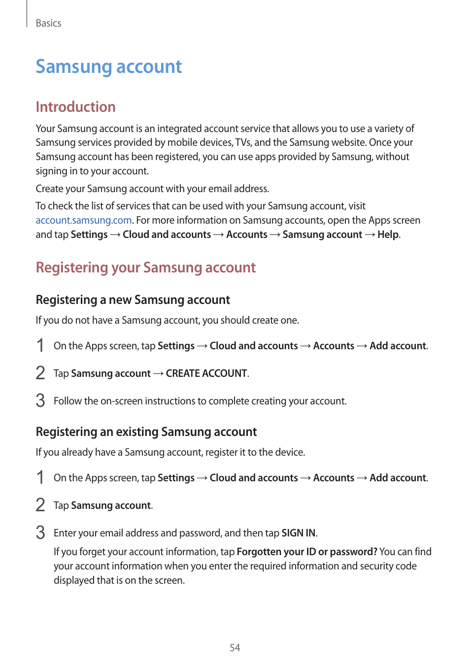 Samsung account, 54 samsung account, Introduction | Registering your samsung account | Samsung SM-G930F User Manual | Page 54 / 191