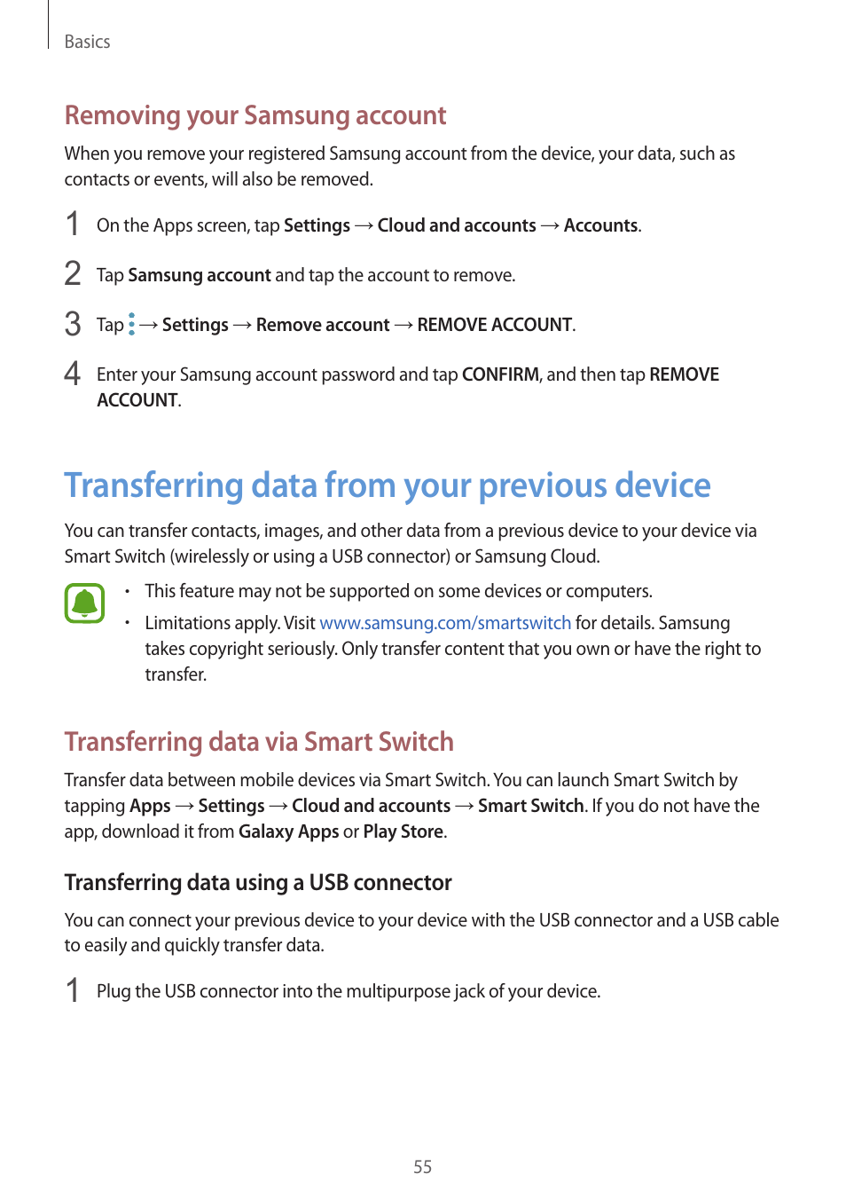 Transferring data from your previous device, 55 transferring data from your previous, Device | Removing your samsung account, Transferring data via smart switch | Samsung SM-G930F User Manual | Page 55 / 191