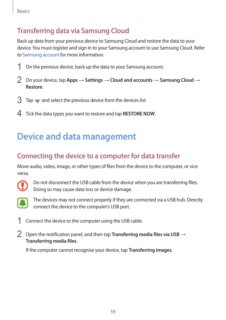 Device and data management, 59 device and data management, Transferring data via samsung cloud | Samsung SM-G930F User Manual | Page 59 / 191