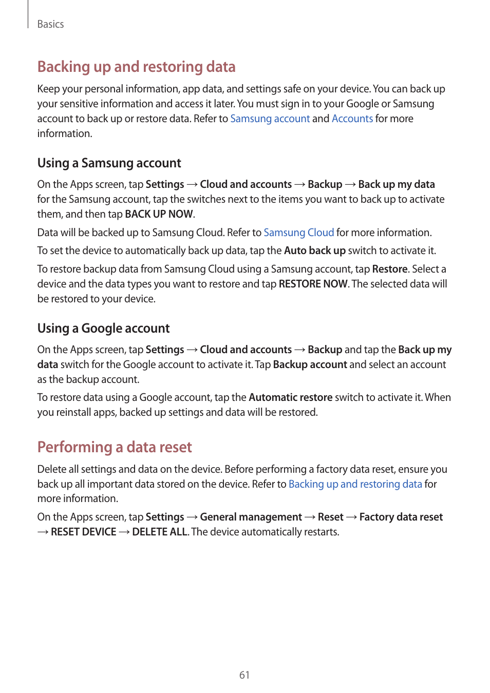 Backing up and restoring data, Performing a data reset, Using a samsung account | Using a google account | Samsung SM-G930F User Manual | Page 61 / 191