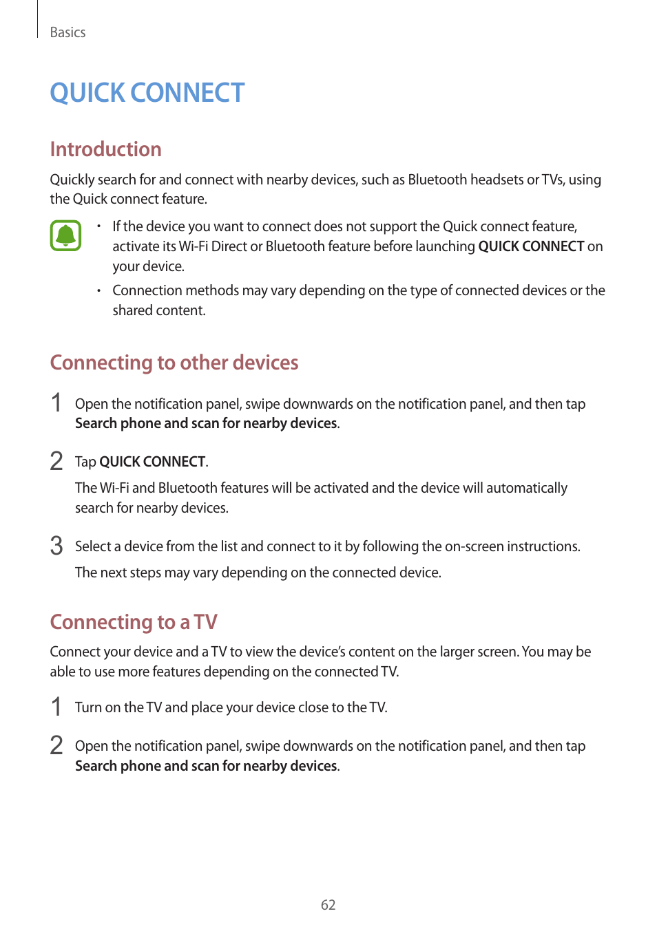 Quick connect, 62 quick connect, Introduction | Connecting to other devices, Connecting to a tv | Samsung SM-G930F User Manual | Page 62 / 191