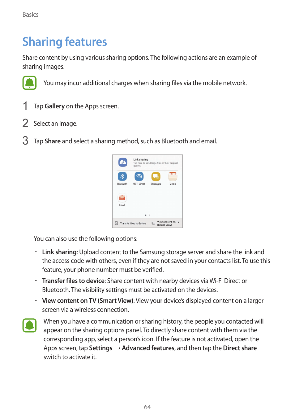 Sharing features, 64 sharing features | Samsung SM-G930F User Manual | Page 64 / 191