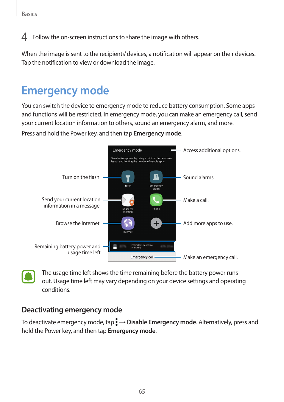 Emergency mode, 65 emergency mode, Deactivating emergency mode | Samsung SM-G930F User Manual | Page 65 / 191