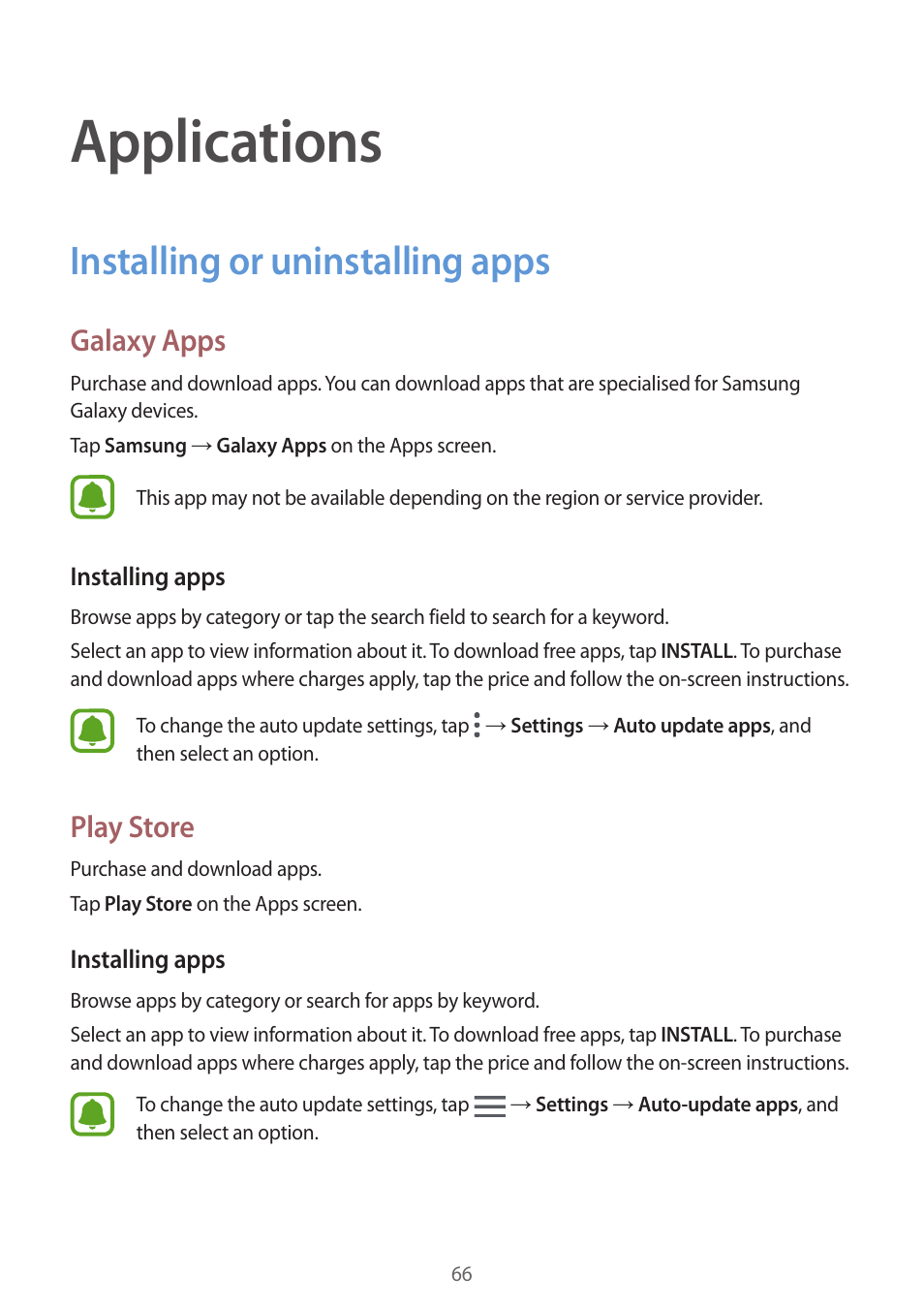 Applications, Installing or uninstalling apps, 66 installing or uninstalling apps | Galaxy apps, Play store | Samsung SM-G930F User Manual | Page 66 / 191
