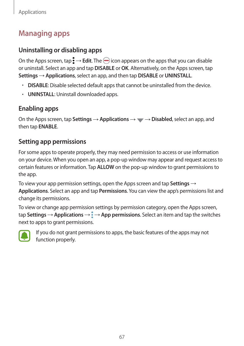 Managing apps, Uninstalling or disabling apps, Enabling apps | Setting app permissions | Samsung SM-G930F User Manual | Page 67 / 191