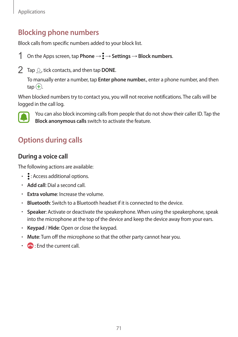 Blocking phone numbers, Options during calls | Samsung SM-G930F User Manual | Page 71 / 191