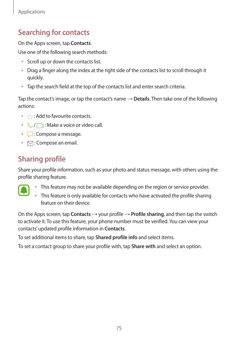 Searching for contacts, Sharing profile | Samsung SM-G930F User Manual | Page 75 / 191