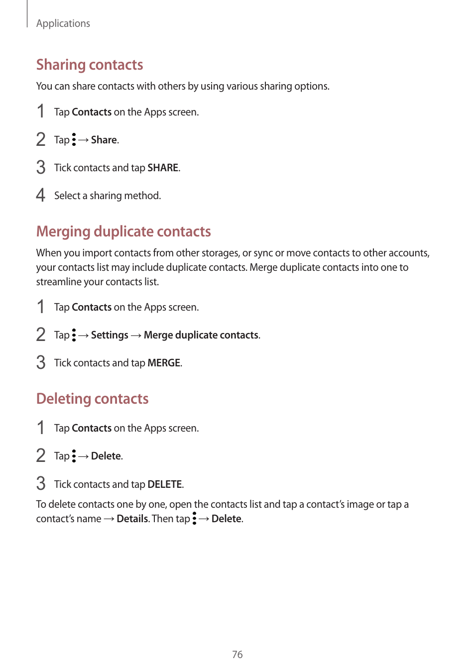 Sharing contacts, Merging duplicate contacts, Deleting contacts | Samsung SM-G930F User Manual | Page 76 / 191