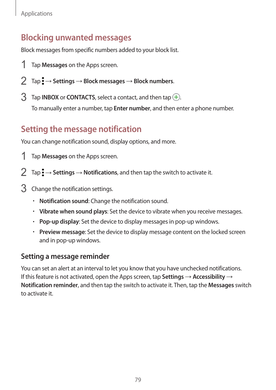 Blocking unwanted messages, Setting the message notification | Samsung SM-G930F User Manual | Page 79 / 191