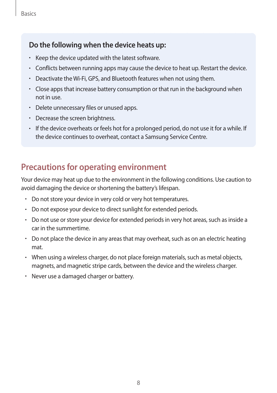 Precautions for operating environment, Do the following when the device heats up | Samsung SM-G930F User Manual | Page 8 / 191