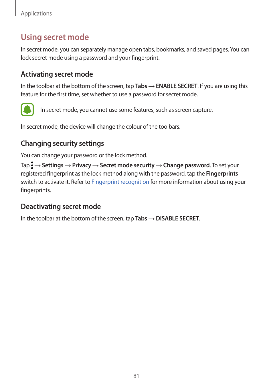 Using secret mode, Activating secret mode, Changing security settings | Deactivating secret mode | Samsung SM-G930F User Manual | Page 81 / 191