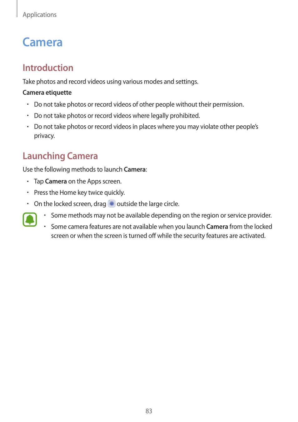 Camera, 83 camera, Introduction | Launching camera | Samsung SM-G930F User Manual | Page 83 / 191