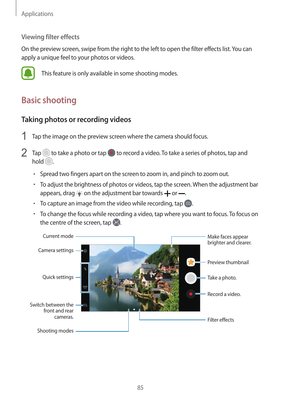 Basic shooting, Taking photos or recording videos | Samsung SM-G930F User Manual | Page 85 / 191