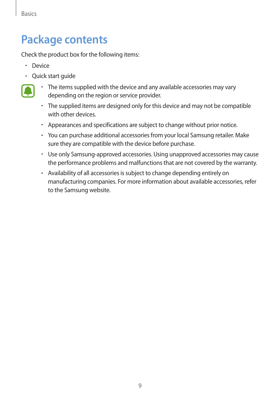 Package contents | Samsung SM-G930F User Manual | Page 9 / 191