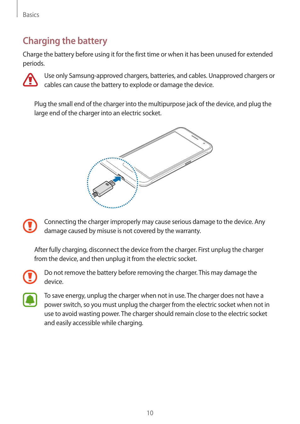 Charging the battery | Samsung J1 SM-J120F User Manual | Page 10 / 89