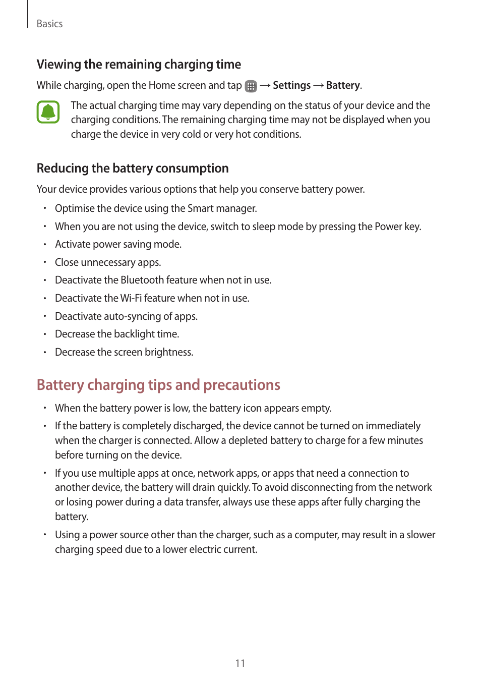 Battery charging tips and precautions, Viewing the remaining charging time, Reducing the battery consumption | Samsung J1 SM-J120F User Manual | Page 11 / 89