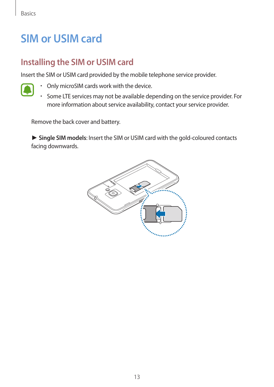 Sim or usim card, 13 sim or usim card, Installing the sim or usim card | Samsung J1 SM-J120F User Manual | Page 13 / 89