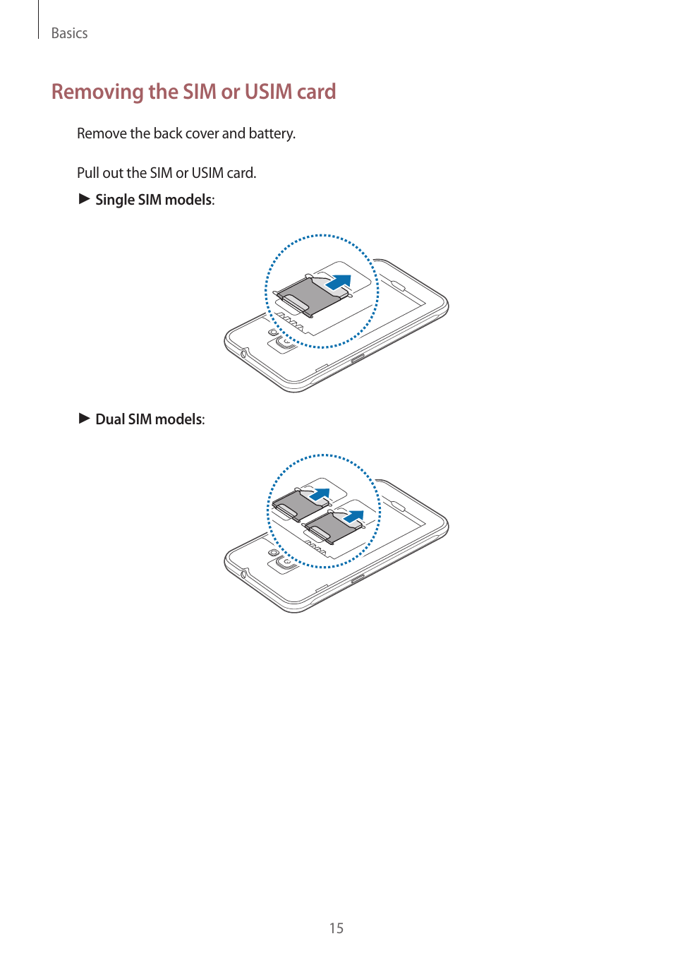 Removing the sim or usim card | Samsung J1 SM-J120F User Manual | Page 15 / 89