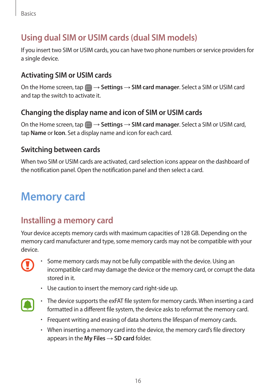 Memory card, 16 memory card, Using dual sim or usim cards (dual sim models) | Samsung J1 SM-J120F User Manual | Page 16 / 89
