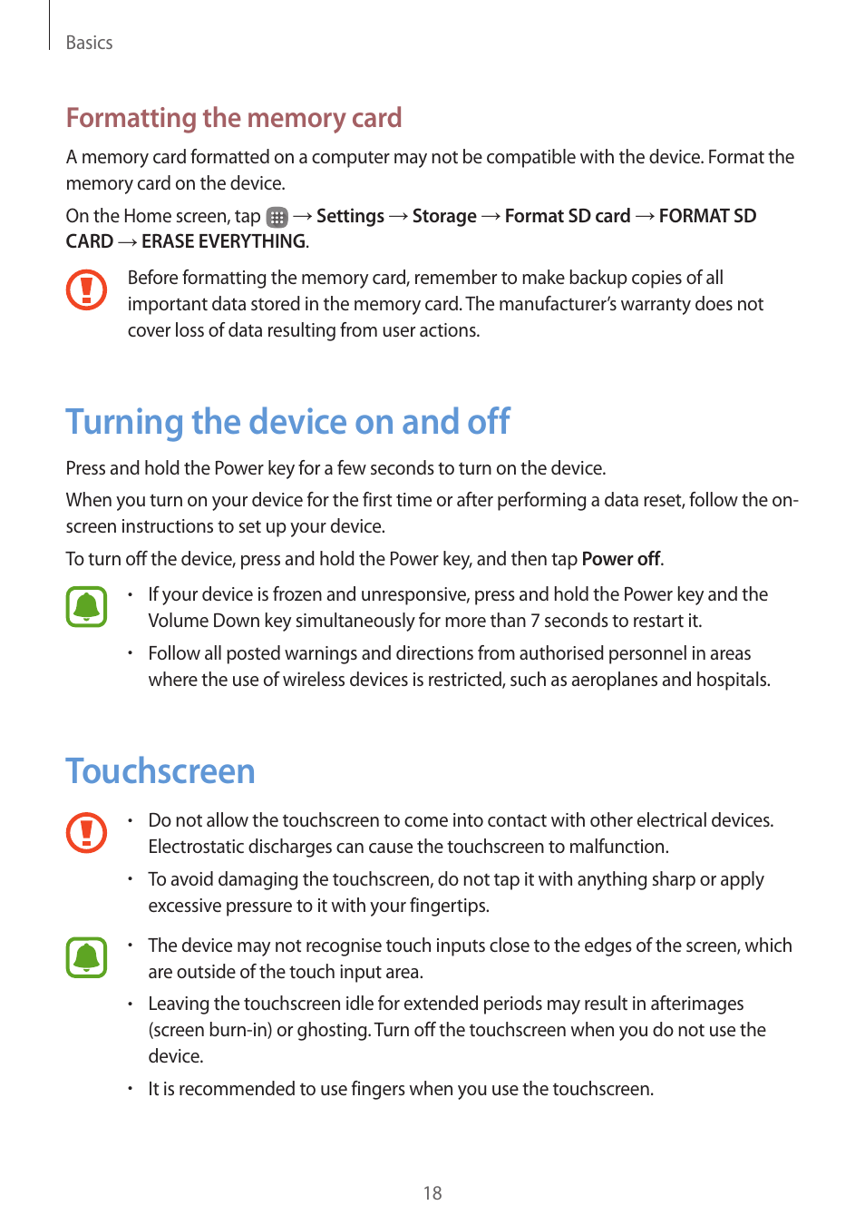 Turning the device on and off, Touchscreen, 18 turning the device on and off 18 touchscreen | Samsung J1 SM-J120F User Manual | Page 18 / 89