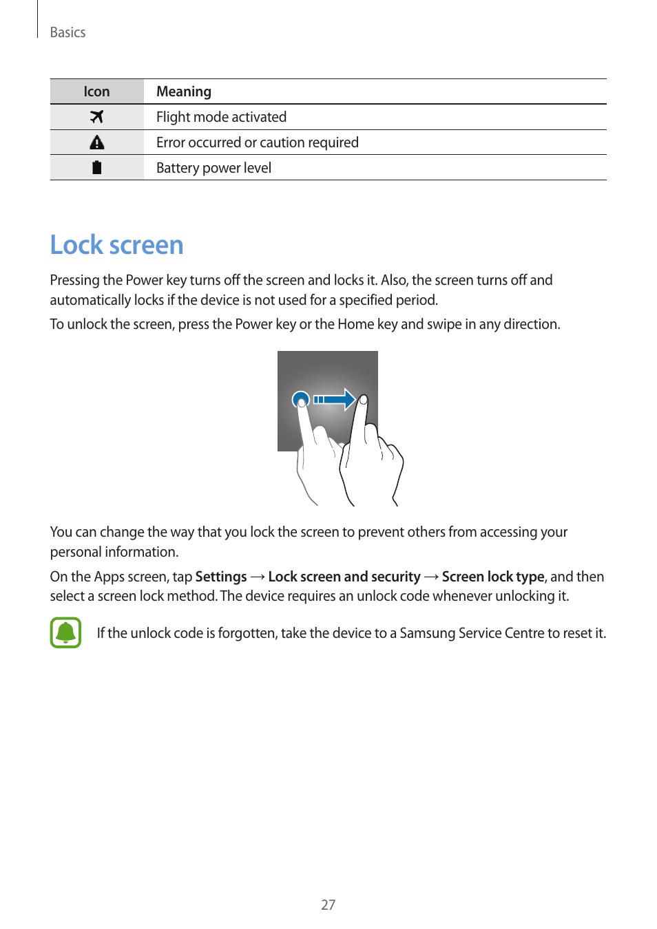 Lock screen, 27 lock screen | Samsung J1 SM-J120F User Manual | Page 27 / 89