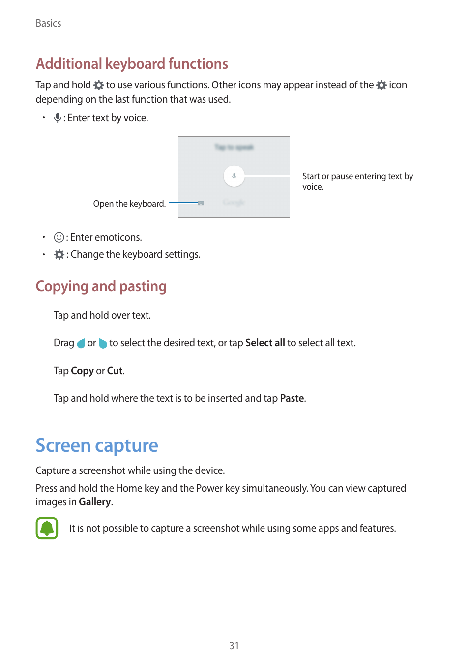 Screen capture, 31 screen capture, Additional keyboard functions | Copying and pasting | Samsung J1 SM-J120F User Manual | Page 31 / 89