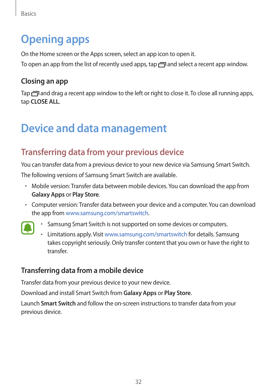 Opening apps, Device and data management, 32 opening apps 32 device and data management | Transferring data from your previous device | Samsung J1 SM-J120F User Manual | Page 32 / 89