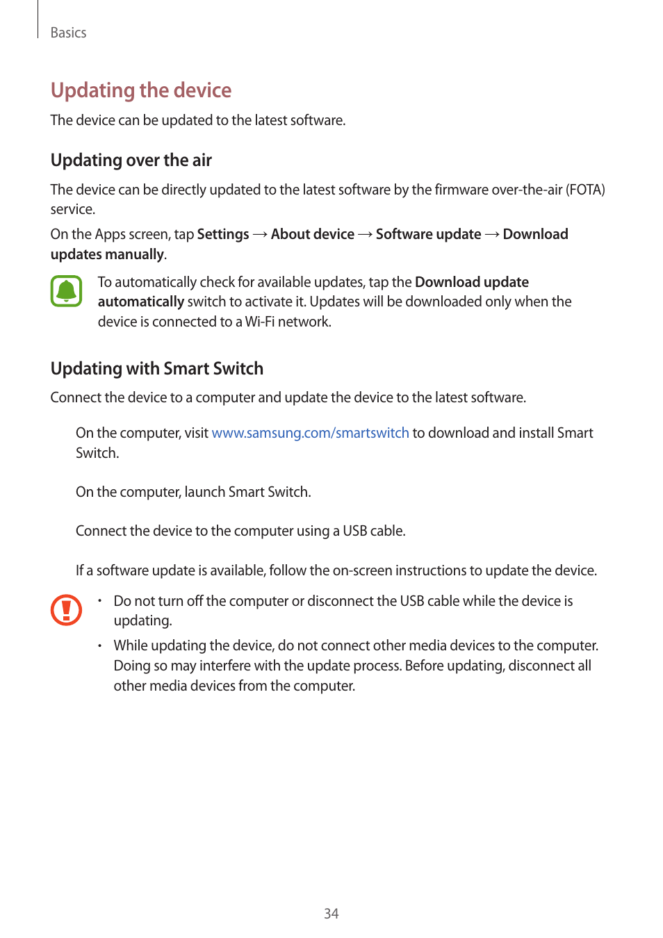 Updating the device | Samsung J1 SM-J120F User Manual | Page 34 / 89