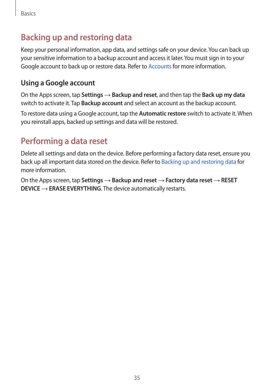 Backing up and restoring data, Performing a data reset, Using a google account | Samsung J1 SM-J120F User Manual | Page 35 / 89
