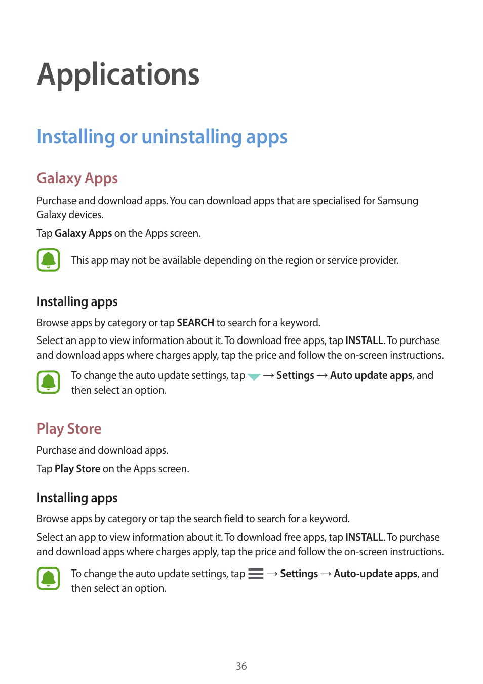 Applications, Installing or uninstalling apps, 36 installing or uninstalling apps | Galaxy apps, Play store | Samsung J1 SM-J120F User Manual | Page 36 / 89