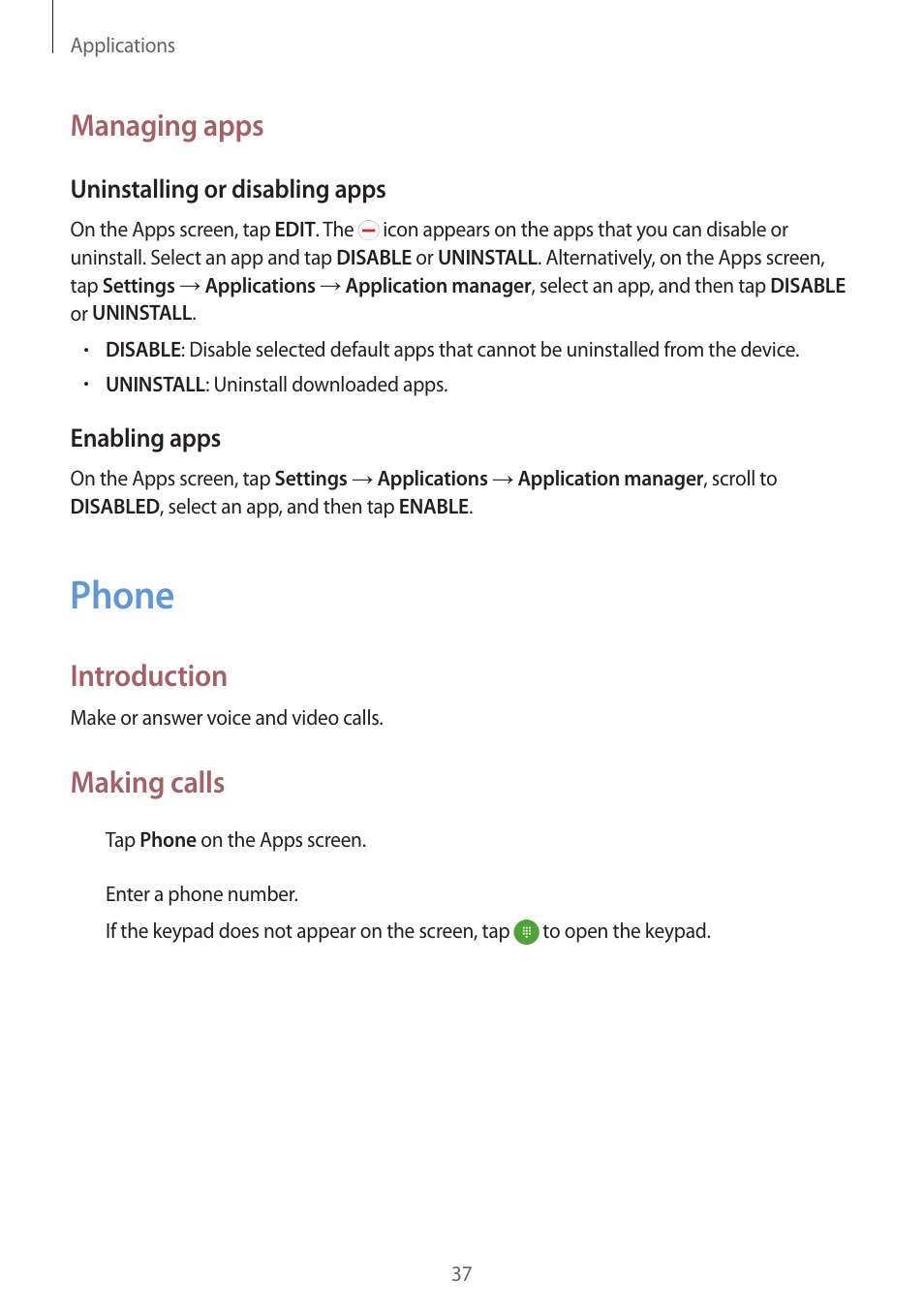 Phone, 37 phone, Managing apps | Introduction, Making calls | Samsung J1 SM-J120F User Manual | Page 37 / 89