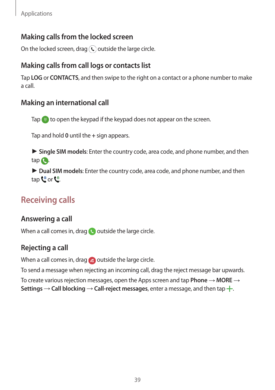 Receiving calls | Samsung J1 SM-J120F User Manual | Page 39 / 89