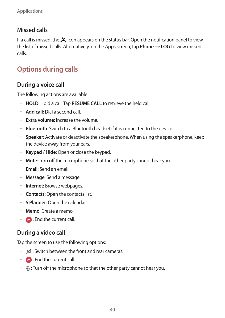 Options during calls | Samsung J1 SM-J120F User Manual | Page 40 / 89