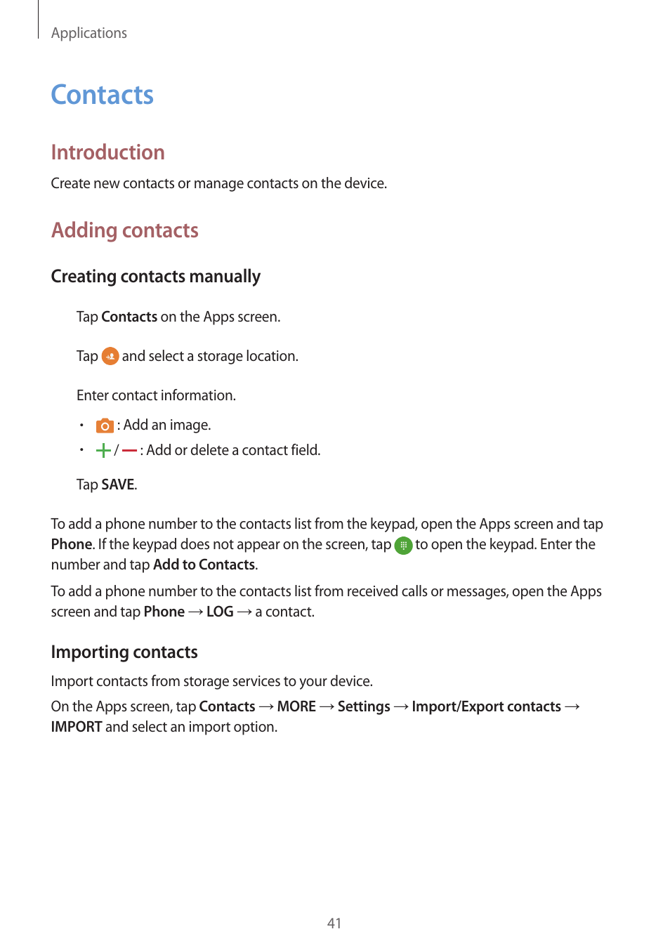 Contacts, 41 contacts, Introduction | Adding contacts | Samsung J1 SM-J120F User Manual | Page 41 / 89