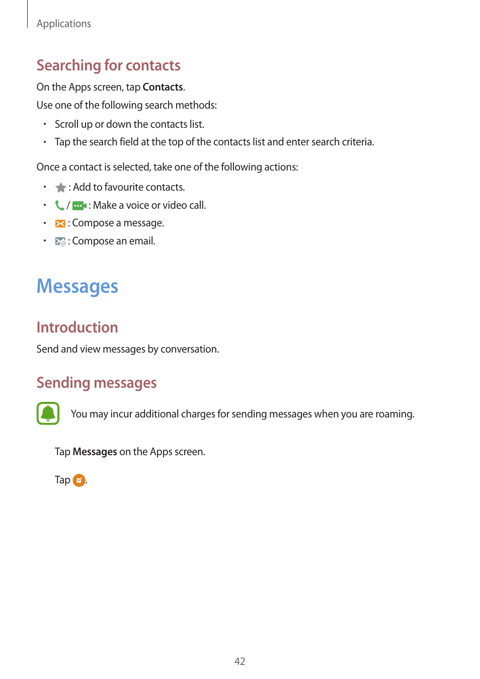 Messages, 42 messages, Searching for contacts | Introduction, Sending messages | Samsung J1 SM-J120F User Manual | Page 42 / 89