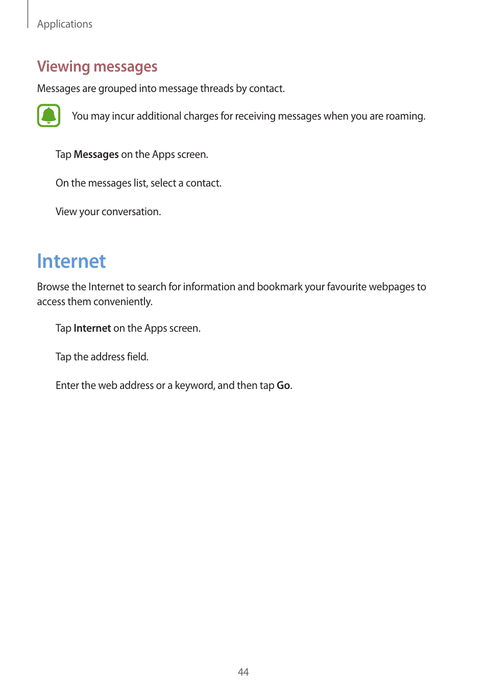 Internet, 44 internet | Samsung J1 SM-J120F User Manual | Page 44 / 89