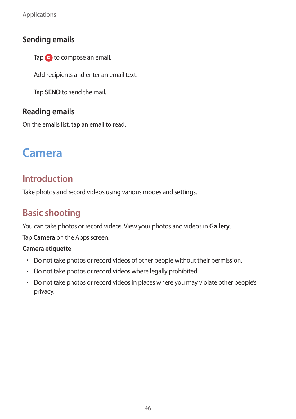 Camera, 46 camera, Introduction | Basic shooting | Samsung J1 SM-J120F User Manual | Page 46 / 89