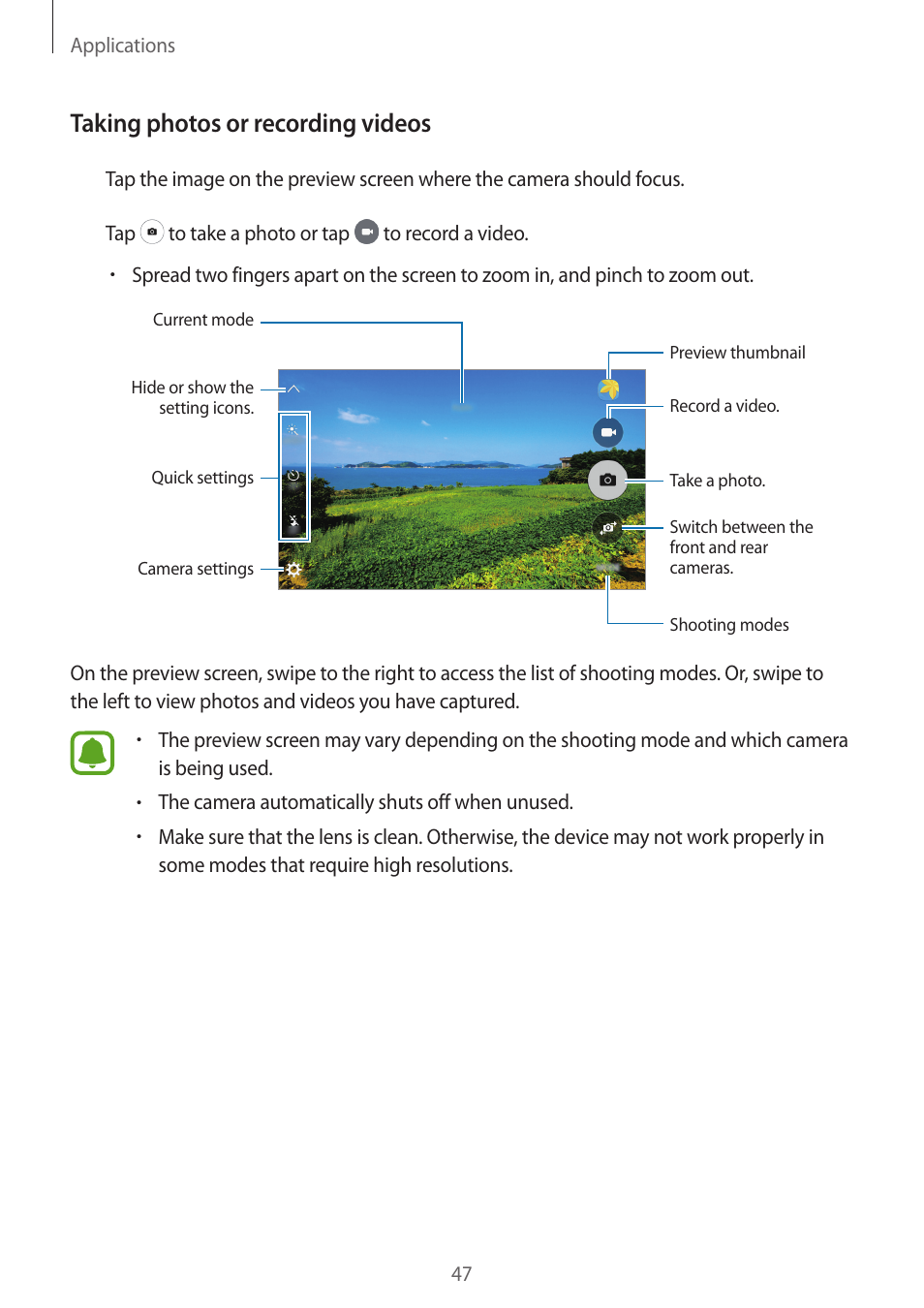 Taking photos or recording videos | Samsung J1 SM-J120F User Manual | Page 47 / 89